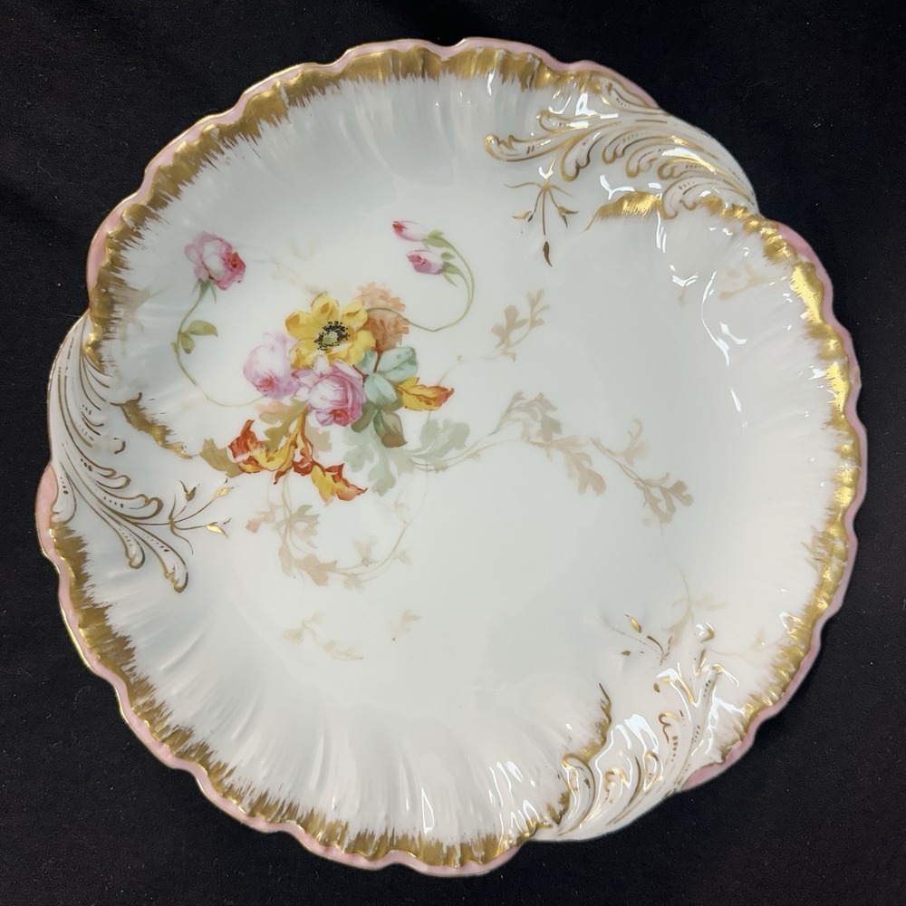 Antique 9" Hand-painted Floral Limoges Porcelain Plate With Gold Gilding